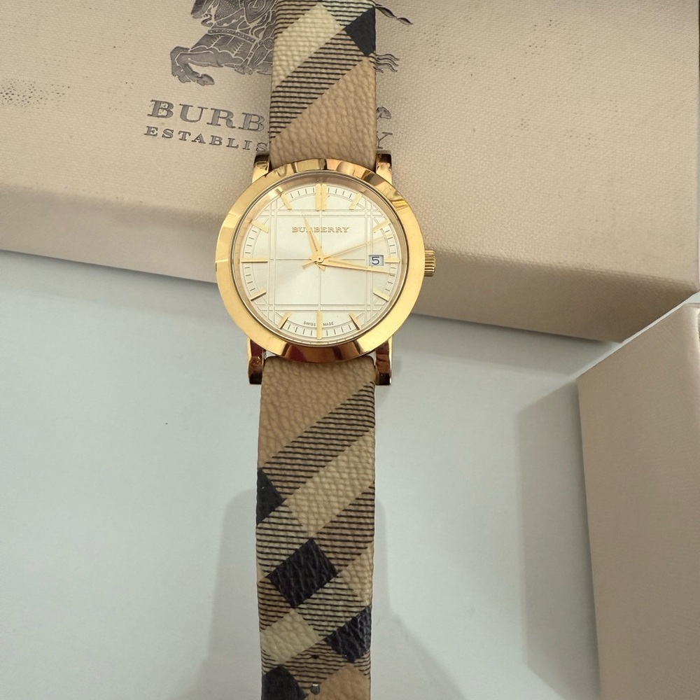 Burberry Gold and Tan Checkered Watch